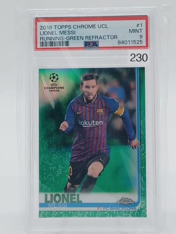 2018 Topps Chrome UCL Lionel Messi Running Green Refractor PSA 9